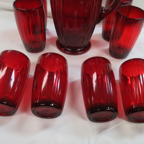 New Martinsville Glass Ruby Red OSCAR 9 Piece Pitcher and Tumblers Set-Scarce - Picture 4 of 6